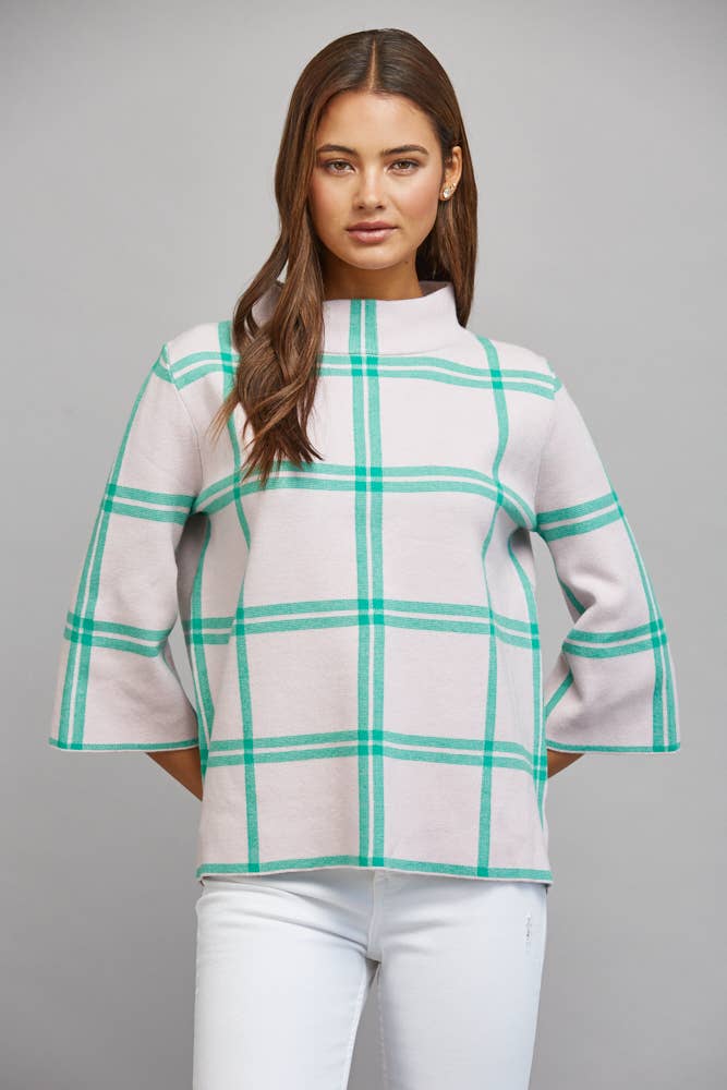 PLAID PATTERN MOCK NECK SWEATER