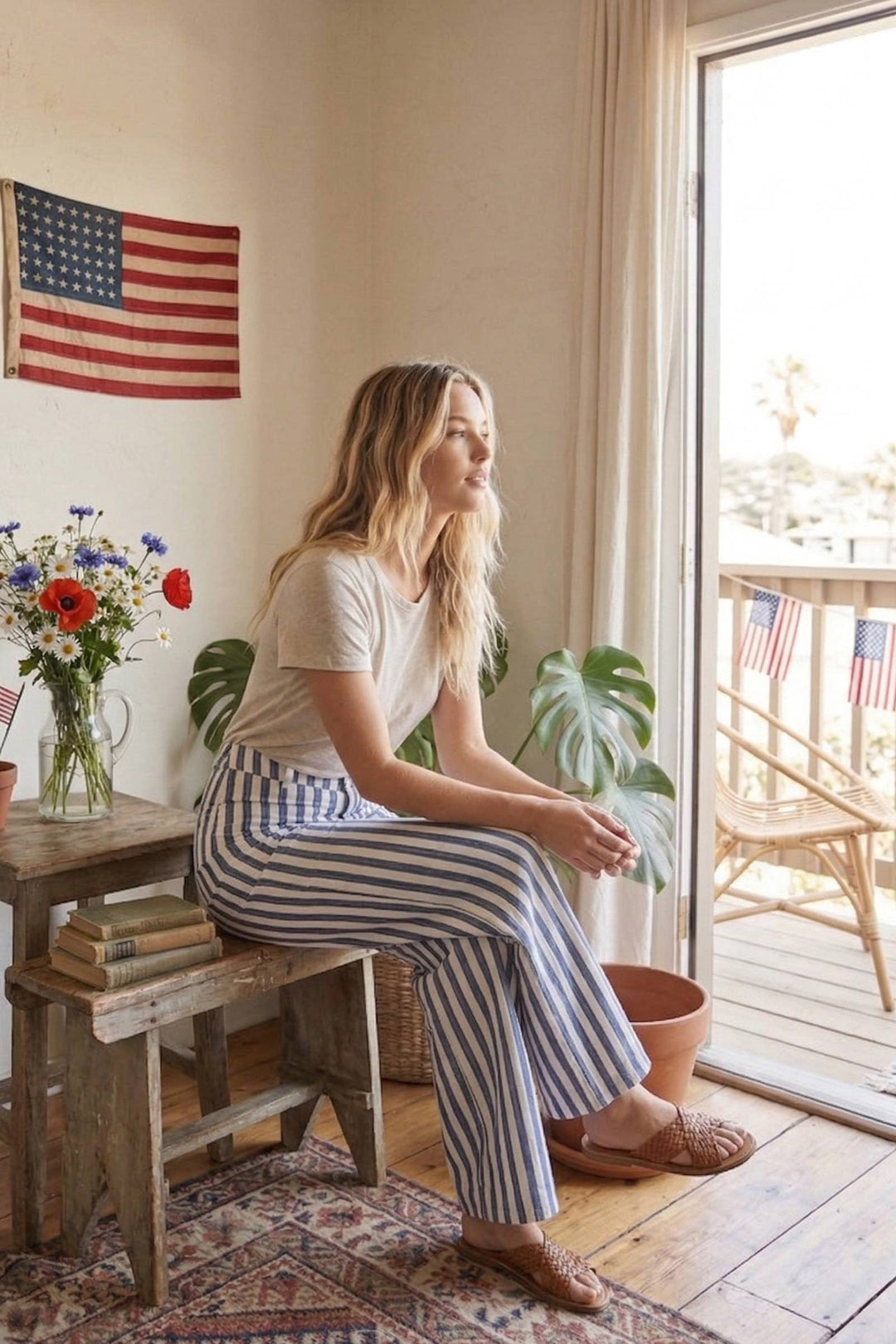Striped Wide Leg Denim Pants