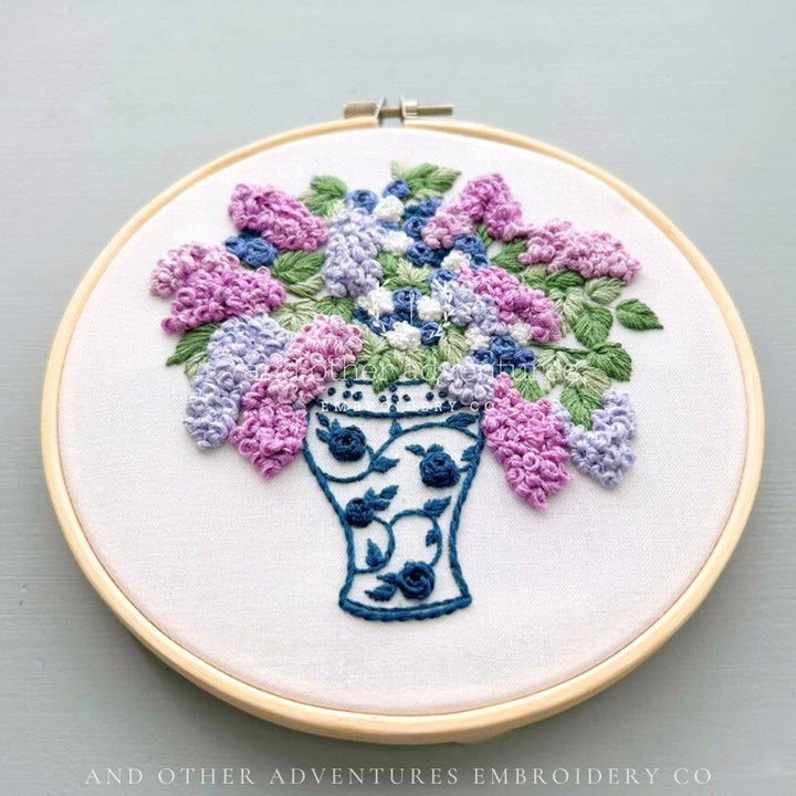Hand Embroidery Kit - Periwinkle Lilacs in Ginger Jar
