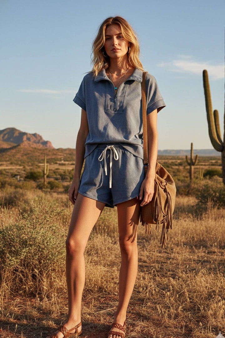 Mineral Washed Scuba Half-Zip Top and Shorts Set