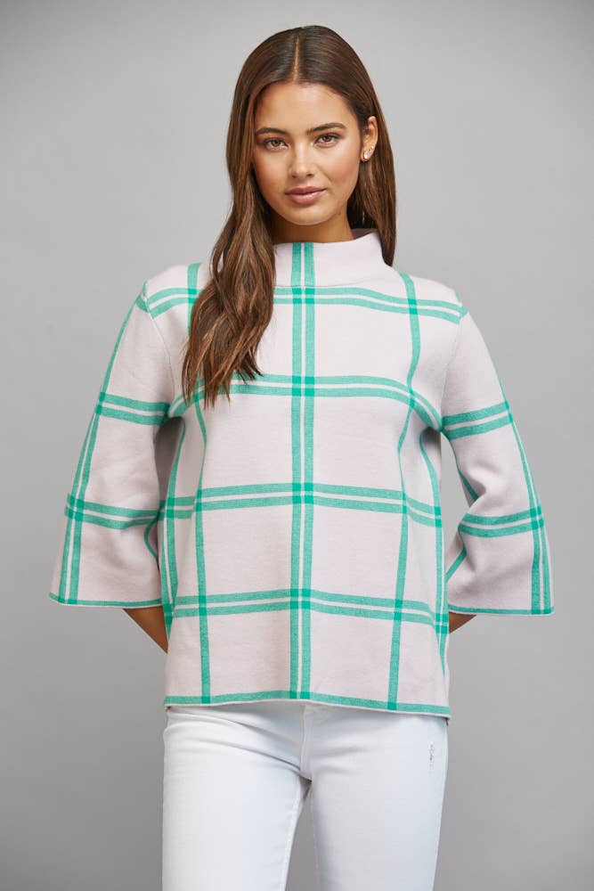 PLAID PATTERN MOCK NECK SWEATER