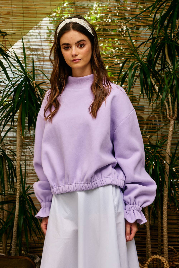 Ruffled cuff Detail Mock-neck Sweatshirt