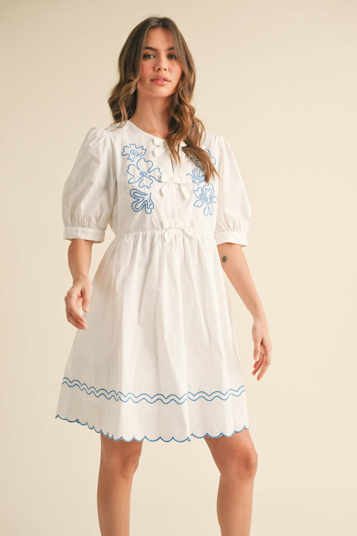 EMBROIDERY BOW MINI DRESS