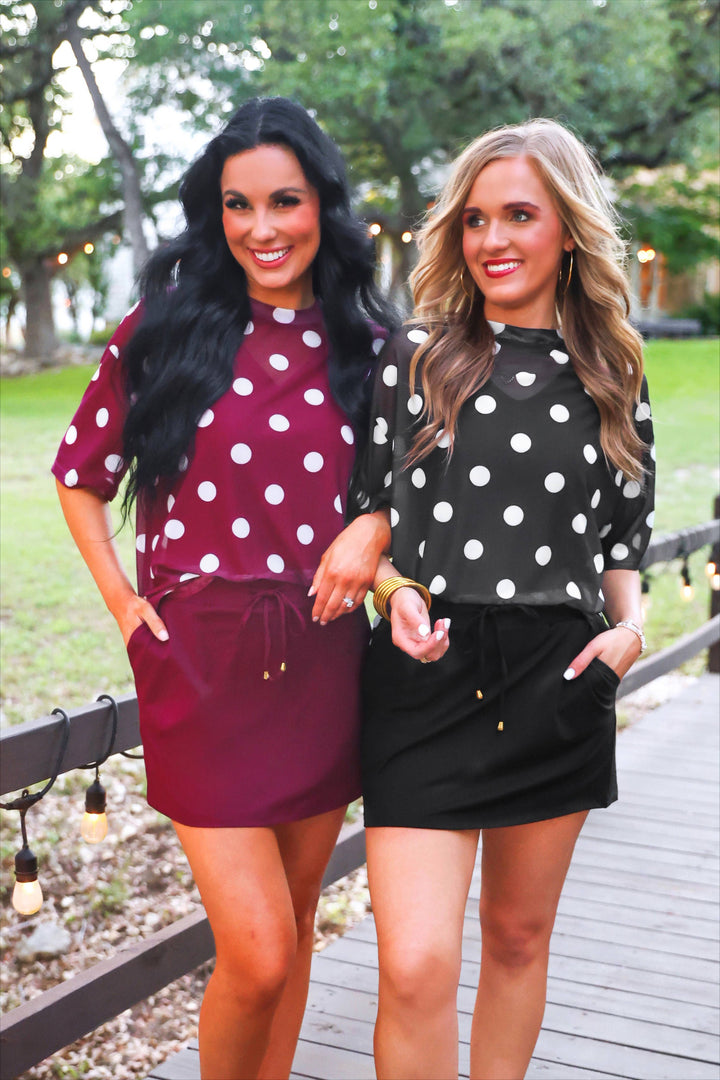 Emma Mesh Tee- Burgundy Polka Dot