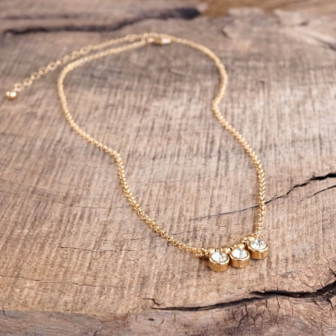 Dainty Crystal Bezel Necklace with Golden Ball Beads