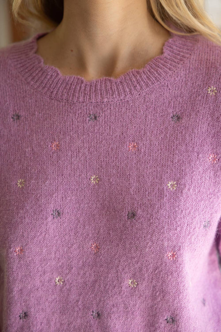 Lavender Floral Embroidered Short Sleeve  Sweater