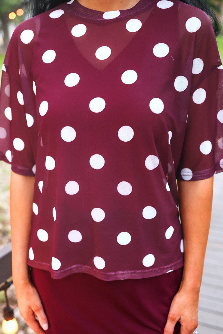 Emma Mesh Tee- Burgundy Polka Dot