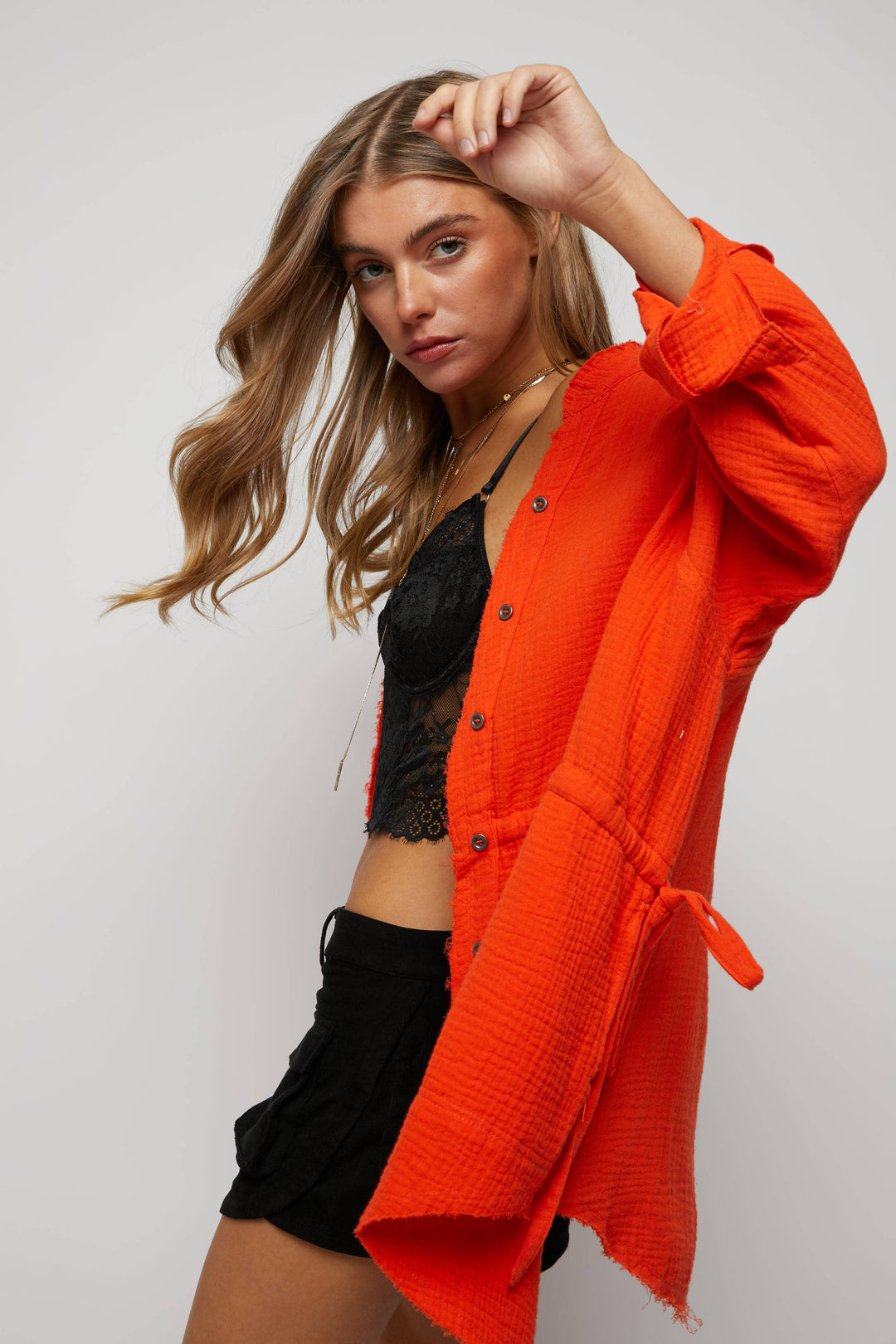 Tie Front Long Sleeve Button Down Orange