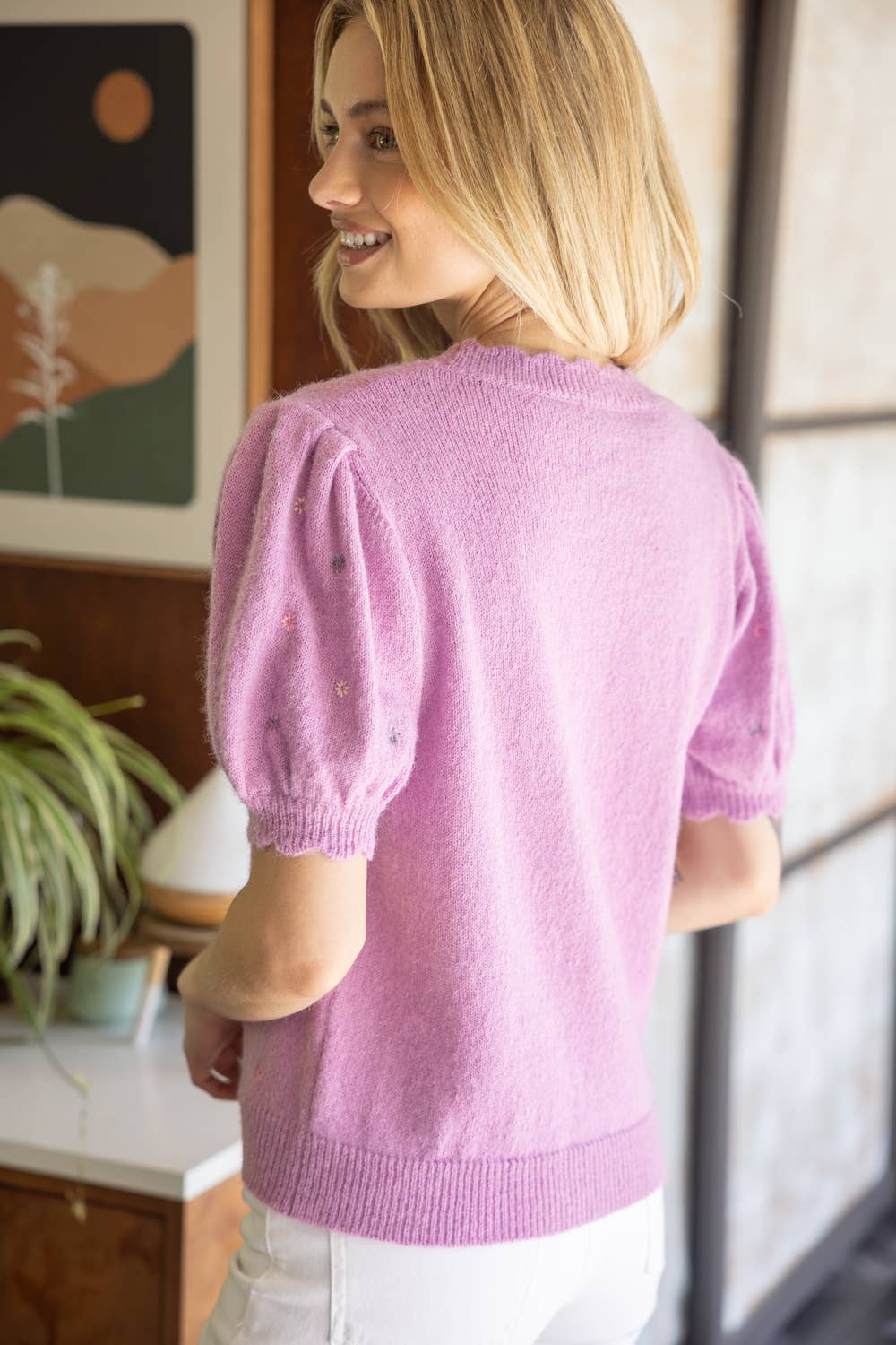 Lavender Floral Embroidered Short Sleeve  Sweater