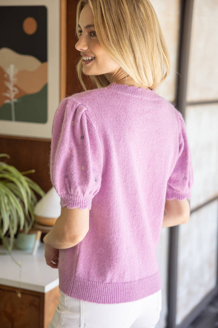 Lavender Floral Embroidered Short Sleeve  Sweater
