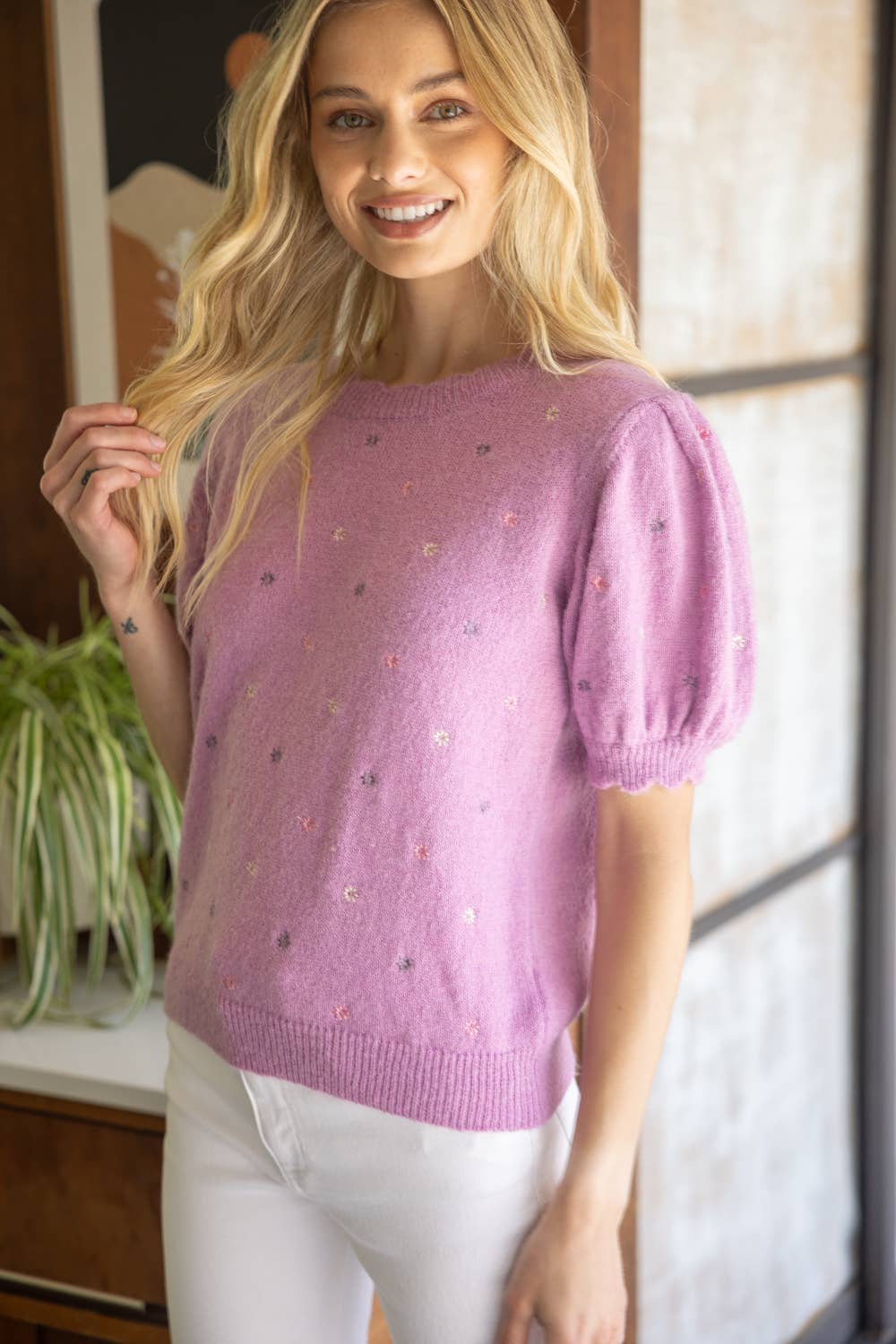 Lavender Floral Embroidered Short Sleeve  Sweater