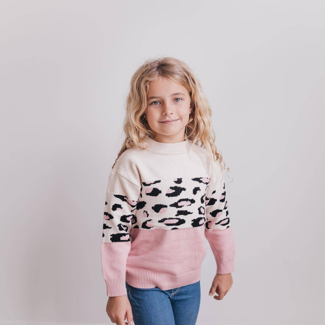 Girls Pink Cream Leopard Sweater