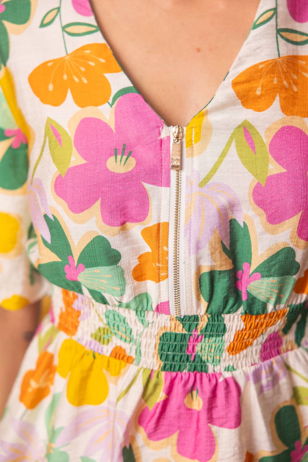 Half Zip V-Neck Floral Peplum Top
