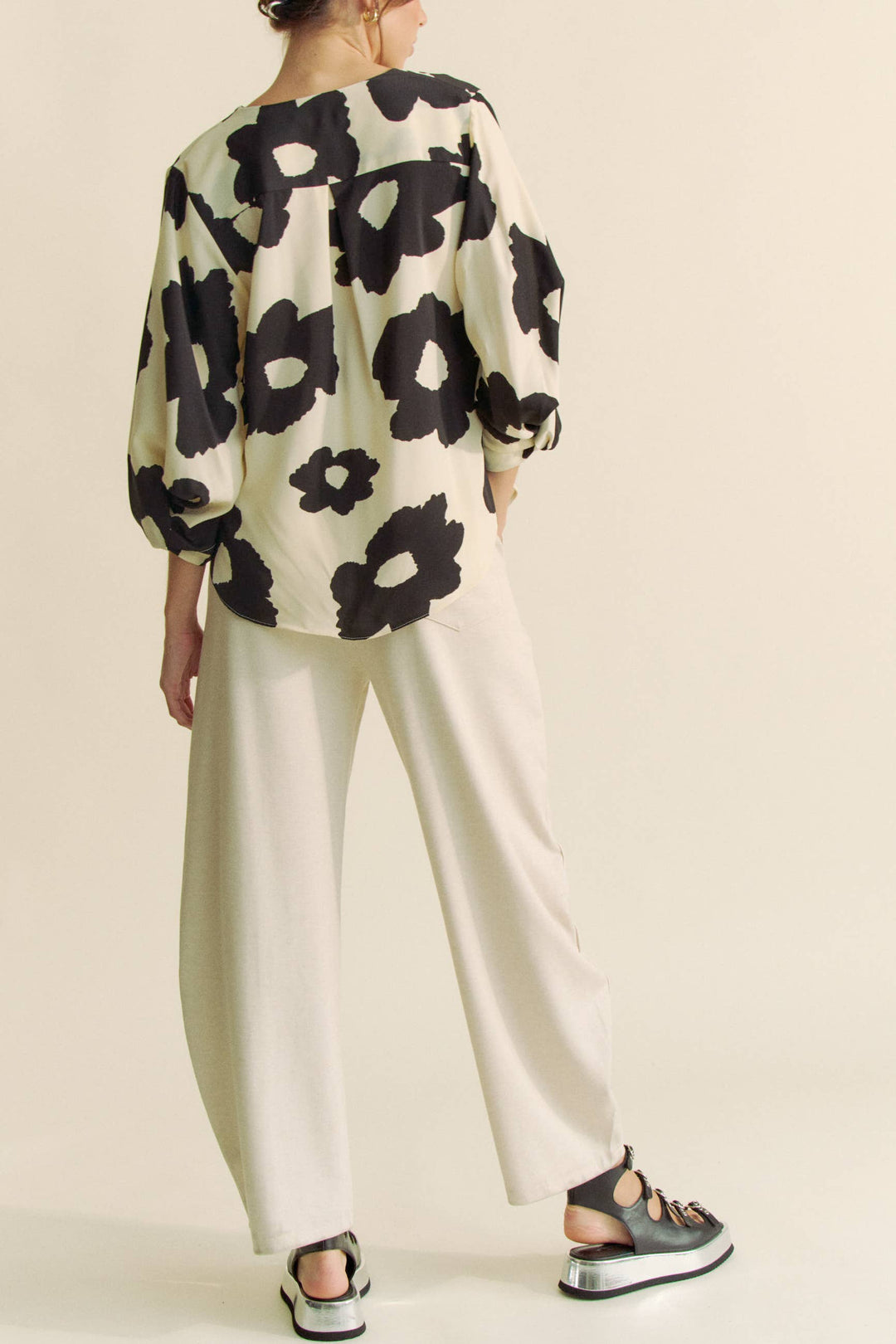 Cream and Black Floral Blouse