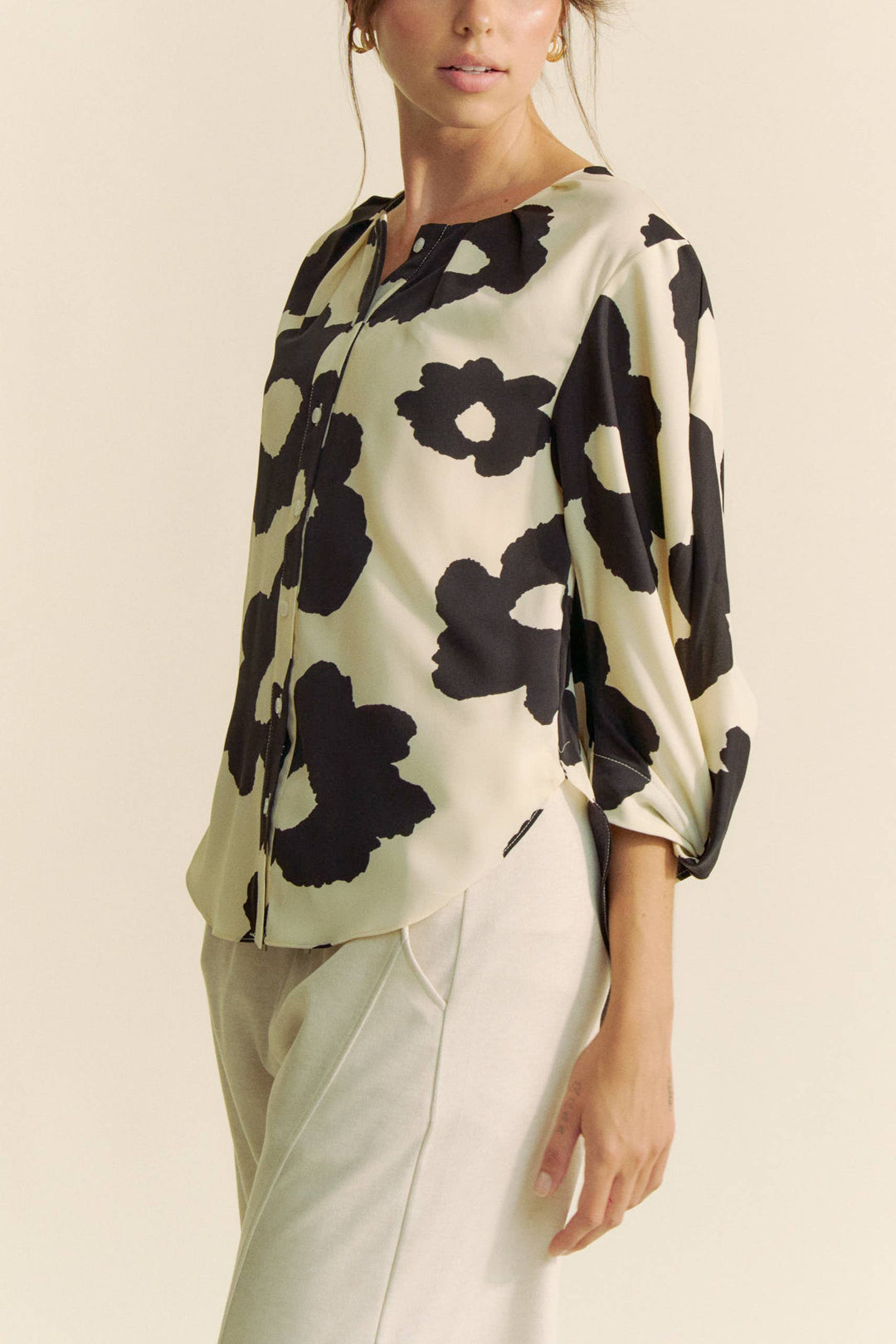 Cream and Black Floral Blouse