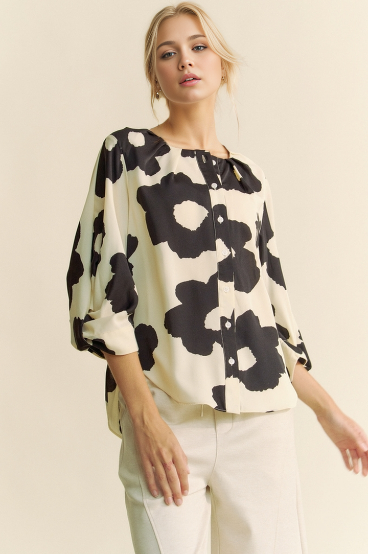 Cream and Black Floral Blouse