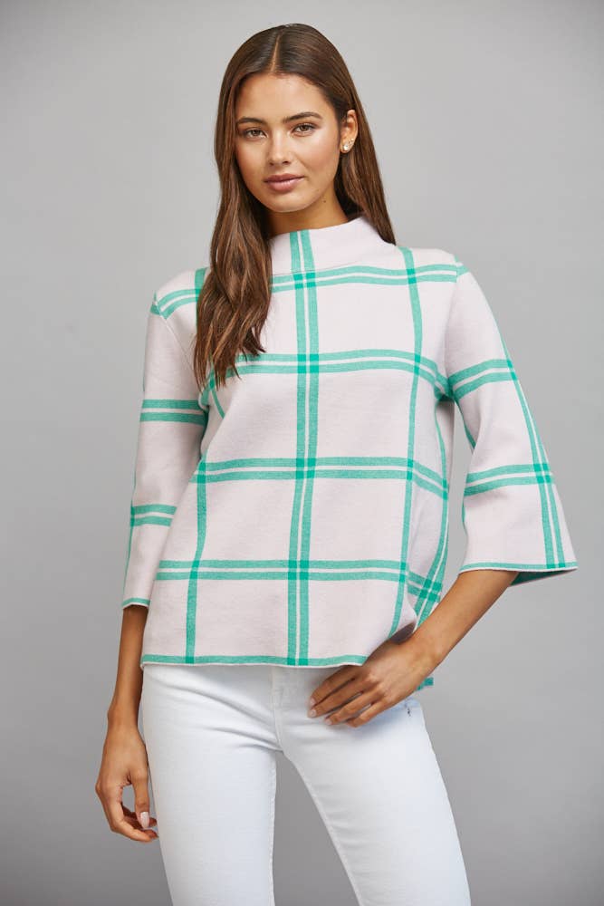 PLAID PATTERN MOCK NECK SWEATER