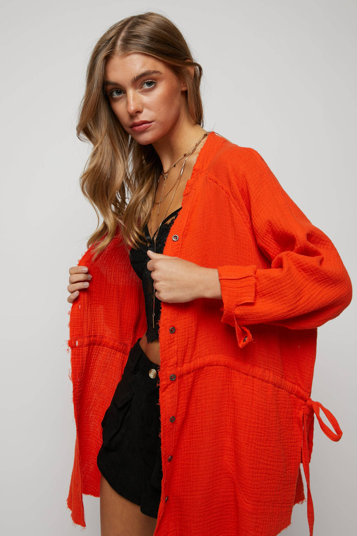 Tie Front Long Sleeve Button Down Orange