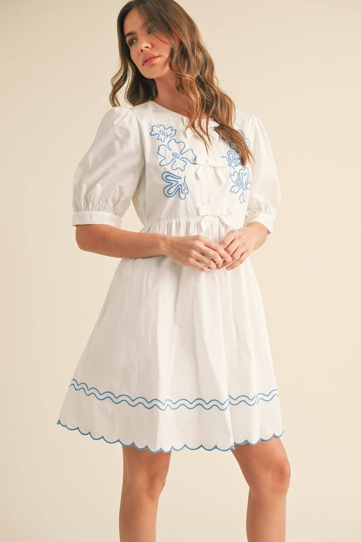 EMBROIDERY BOW MINI DRESS