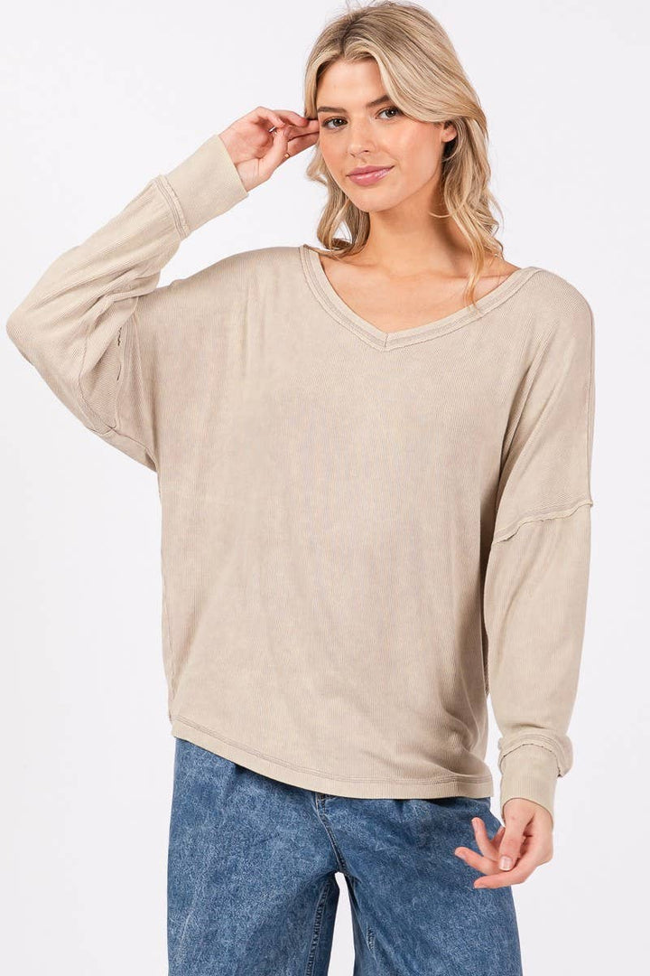 TWIST BACK RIBBED LONG SLEEVE TOP