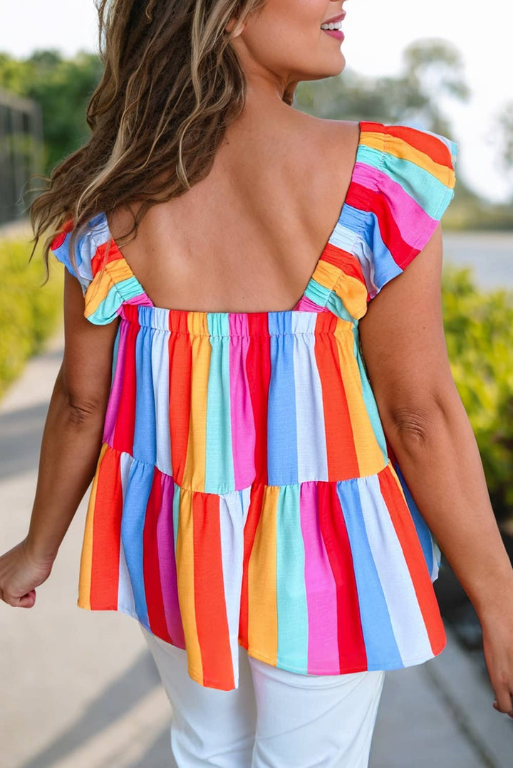 Stripe Ruffled Straps Tank