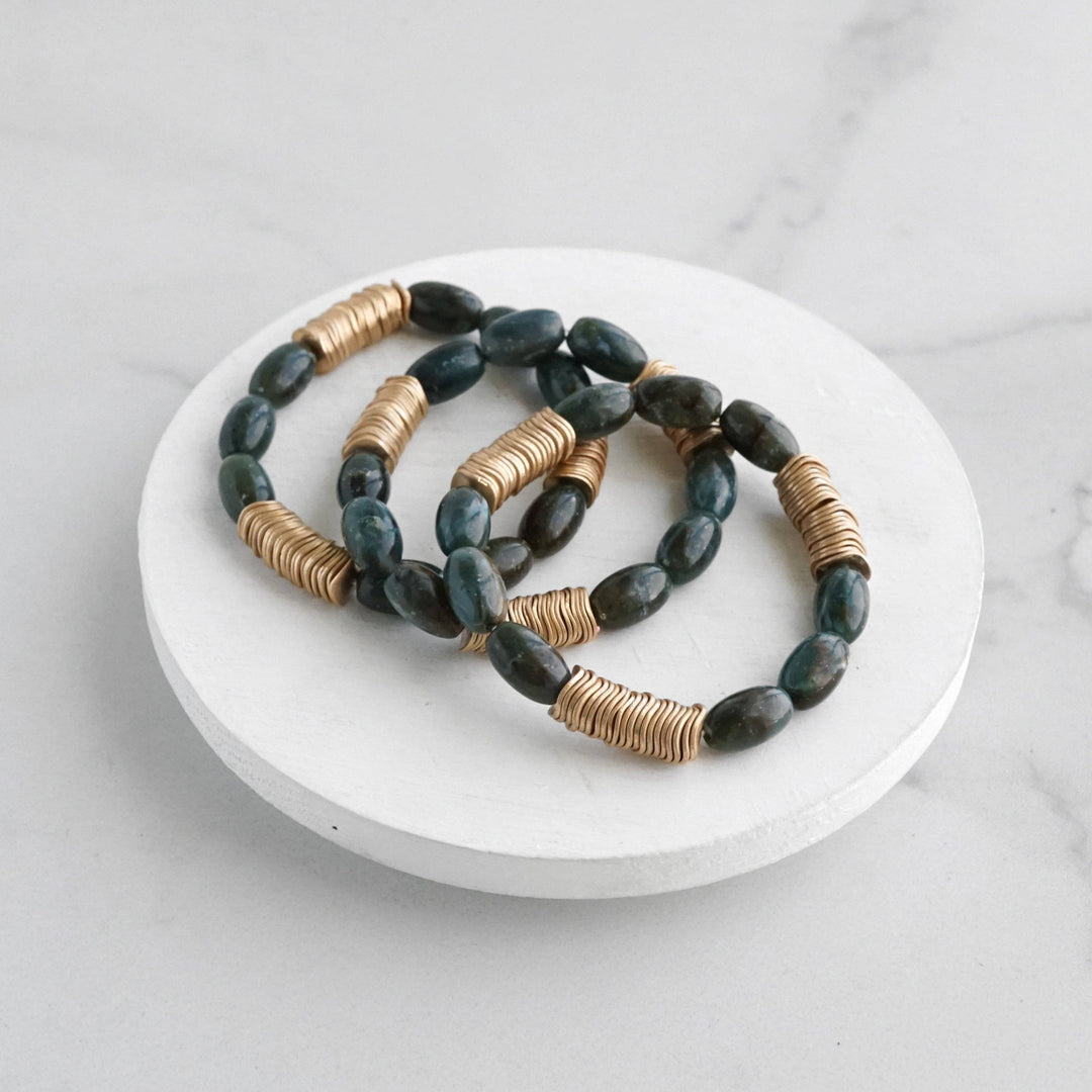 Marbled Glass Oval Beads Stack of 3 bracelets with golden discs Boho Bracelet Set
