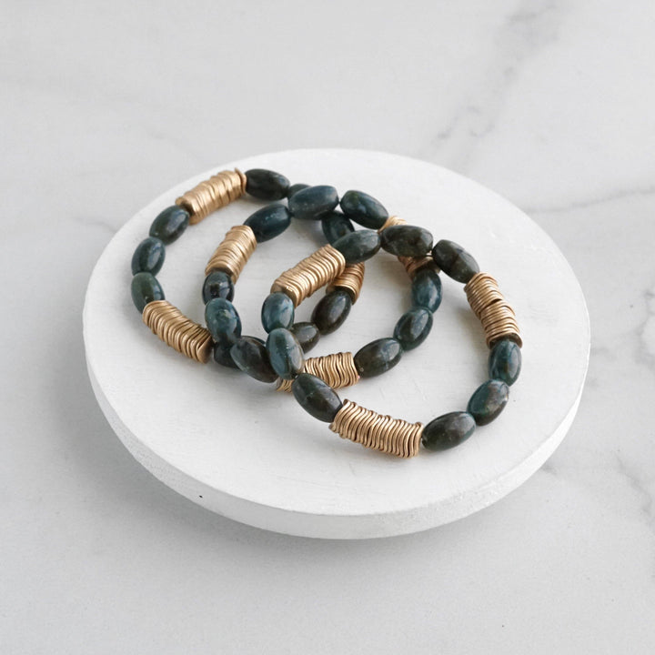 Marbled Glass Oval Beads Stack of 3 bracelets with golden discs Boho Bracelet Set