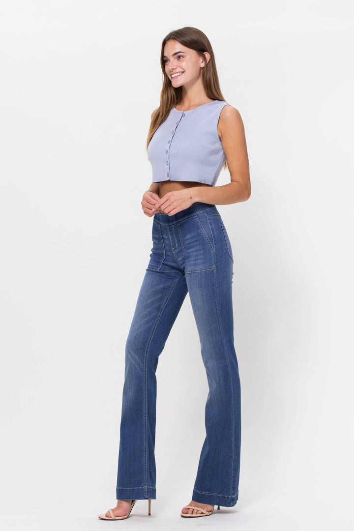 Mid Rise Flare Pull On Jeans