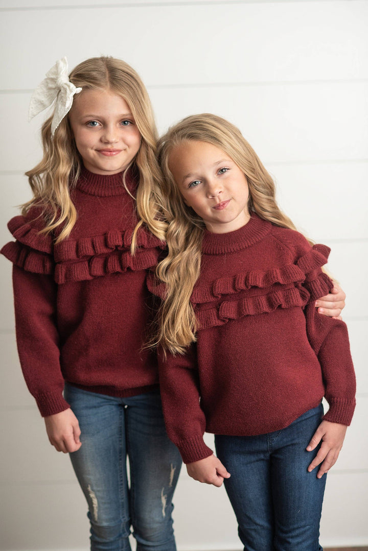 Wine Double Ruffle Sweater