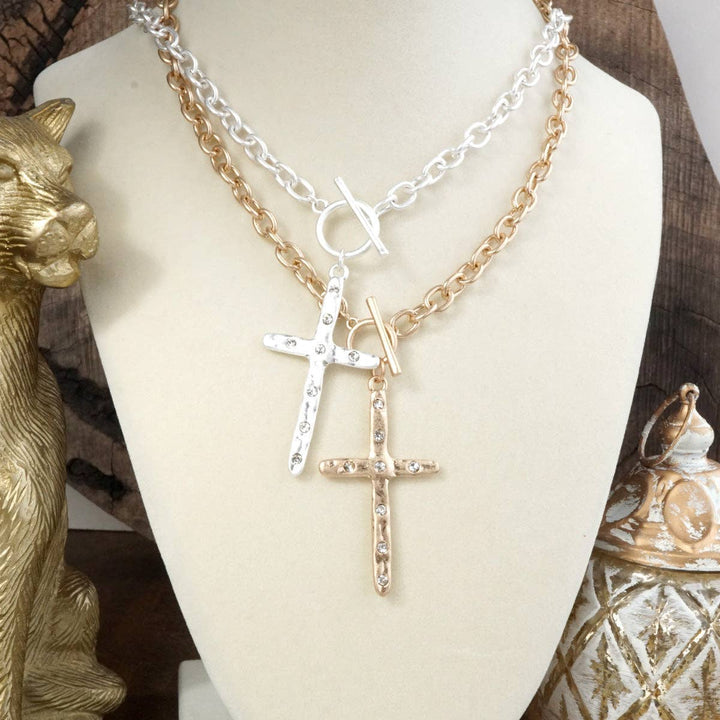 Hammered Cross Front Toggle Necklace