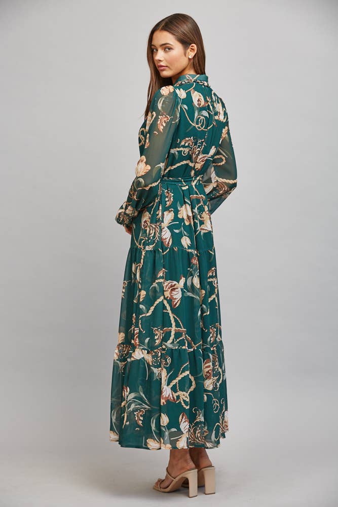 FLORAL/CHAIN PRINT CHIFFON SELF WAIST TIE BUTTON DOWN DRESS