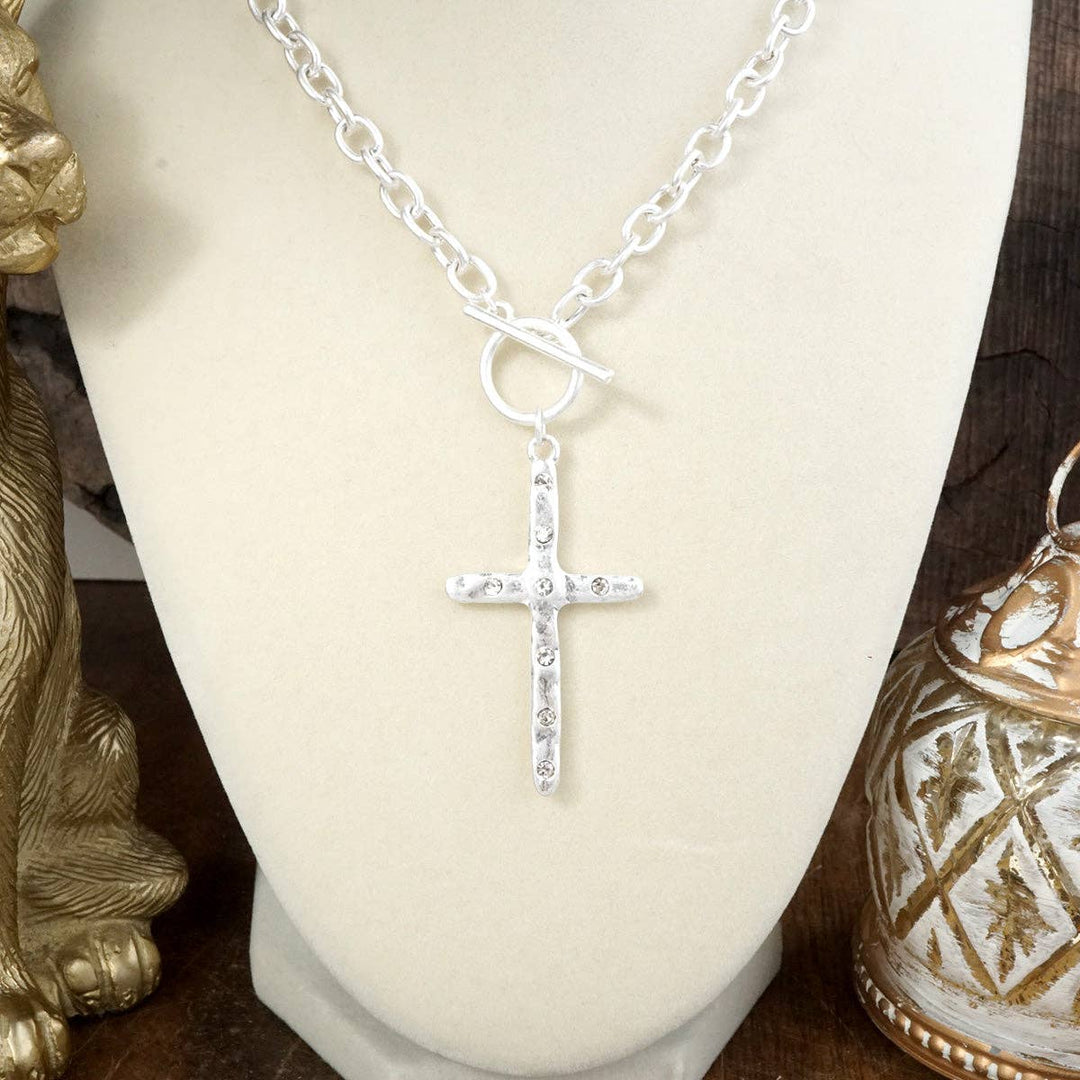 Hammered Cross Front Toggle Necklace