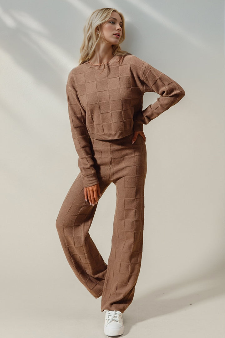 Double Take Full Size Checkered Round Neck Top and Pants Set (Online Only)