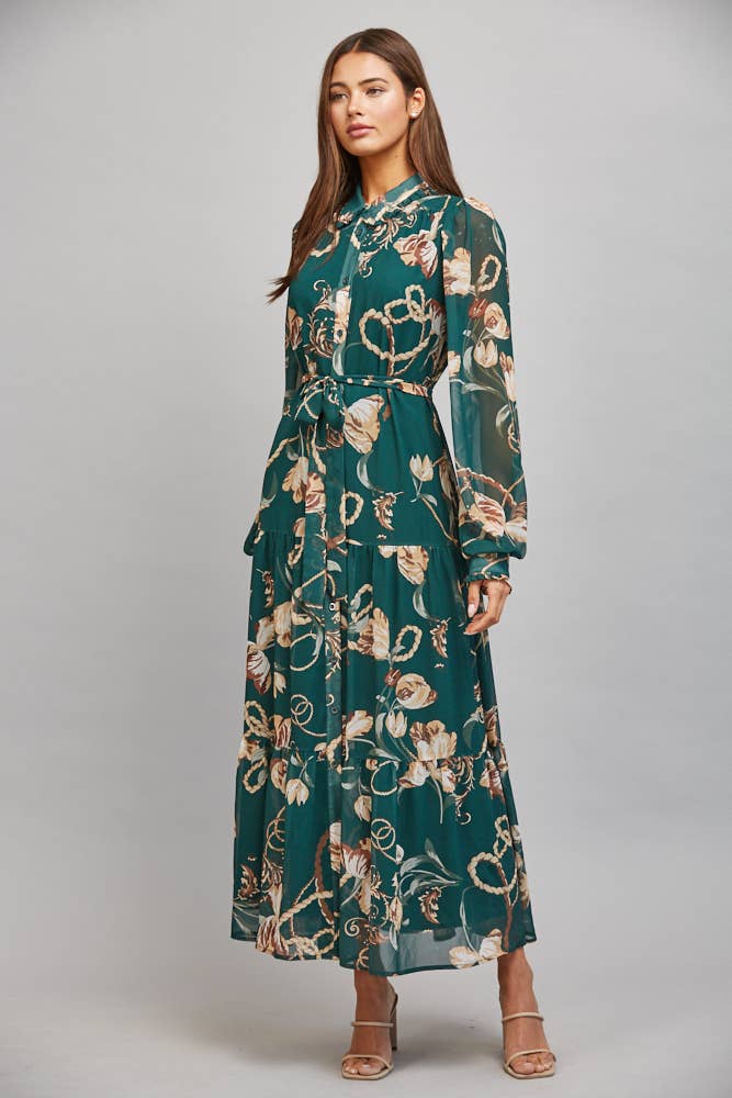 FLORAL/CHAIN PRINT CHIFFON SELF WAIST TIE BUTTON DOWN DRESS