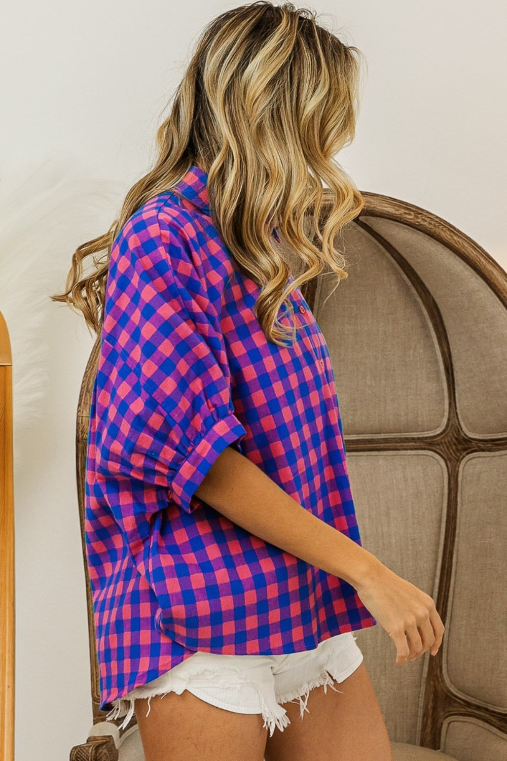 BiBi Plaid Button Up Dolman Sleeve Shirt (Online ONly)