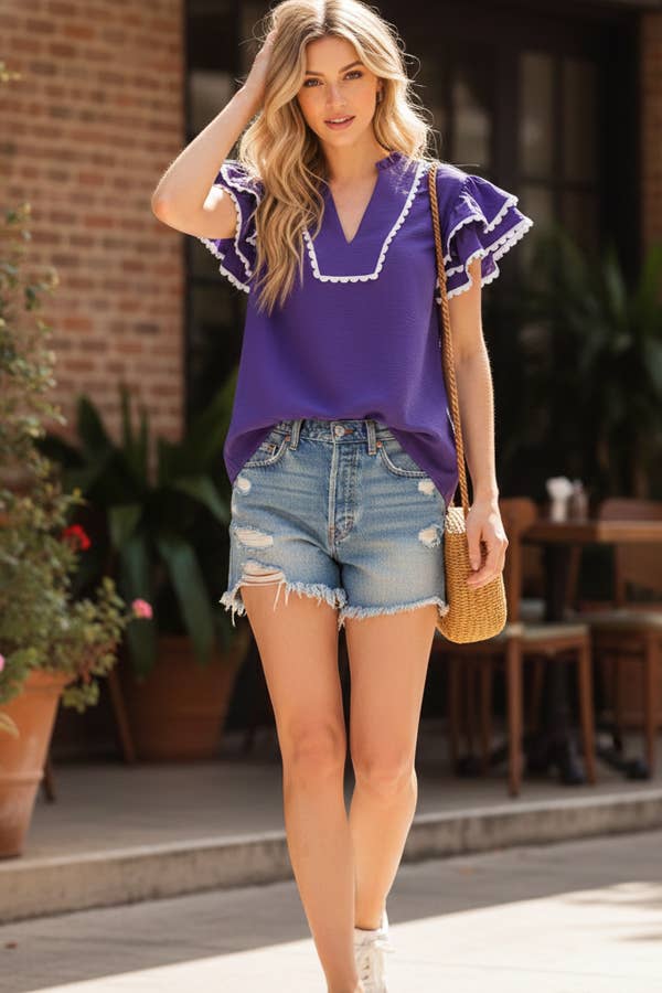 Ruffle Sleeve Scallop Trim Top