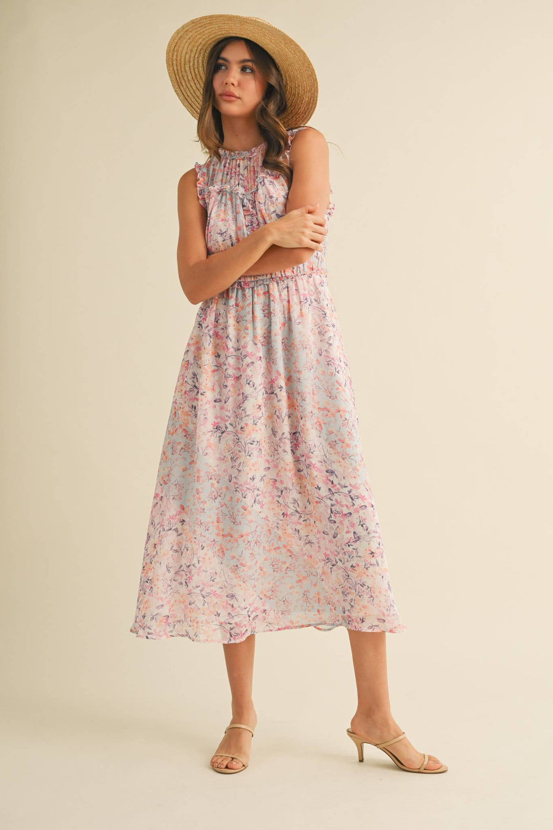 FLORAL PRINT RUFFLE MIDI DRESS