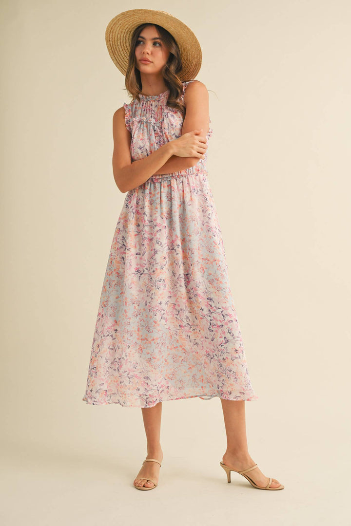 FLORAL PRINT RUFFLE MIDI DRESS