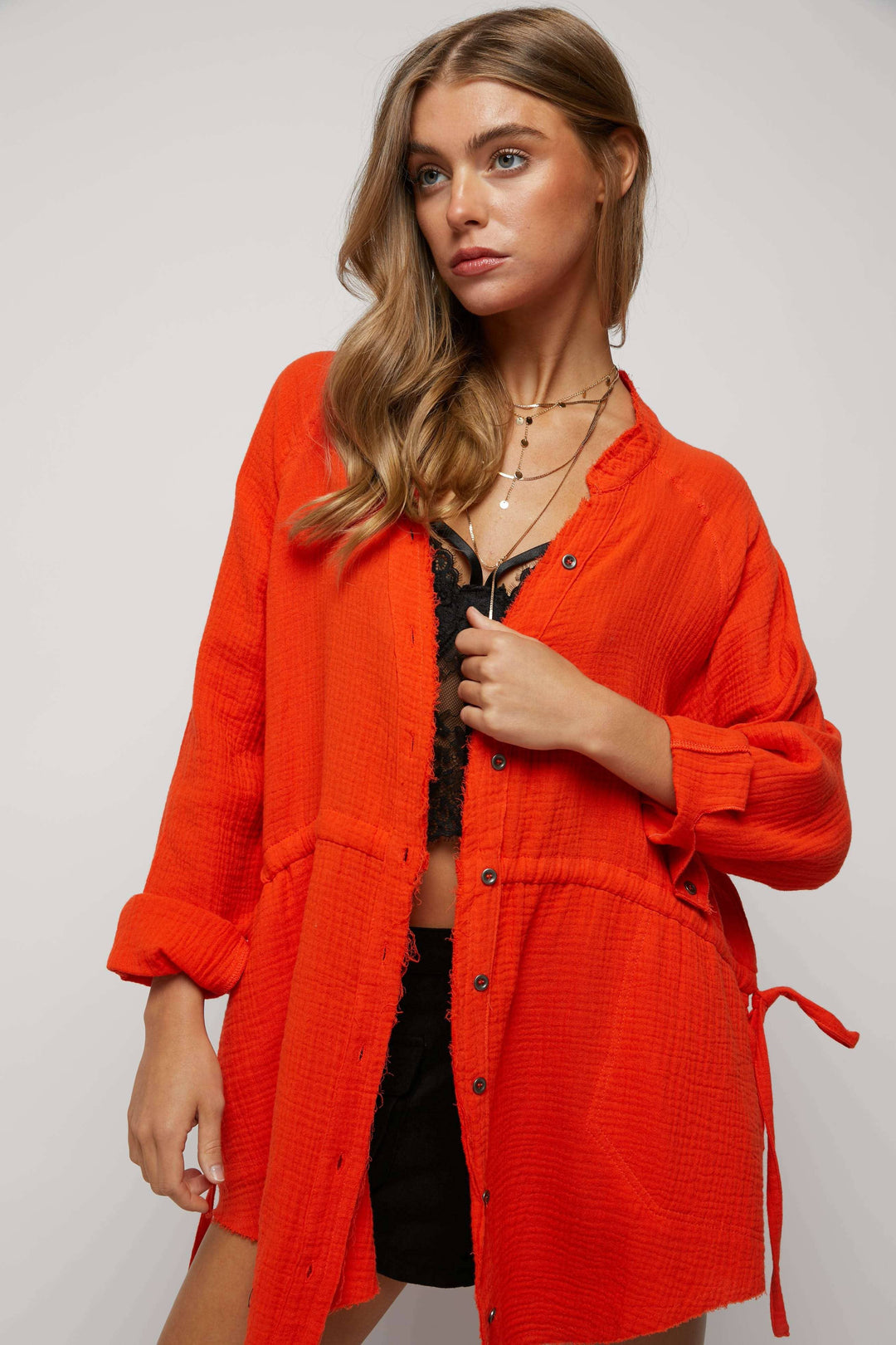 Tie Front Long Sleeve Button Down Orange