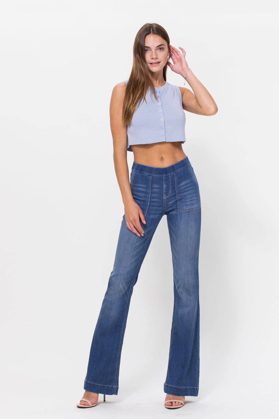 Mid Rise Flare Pull On Jeans