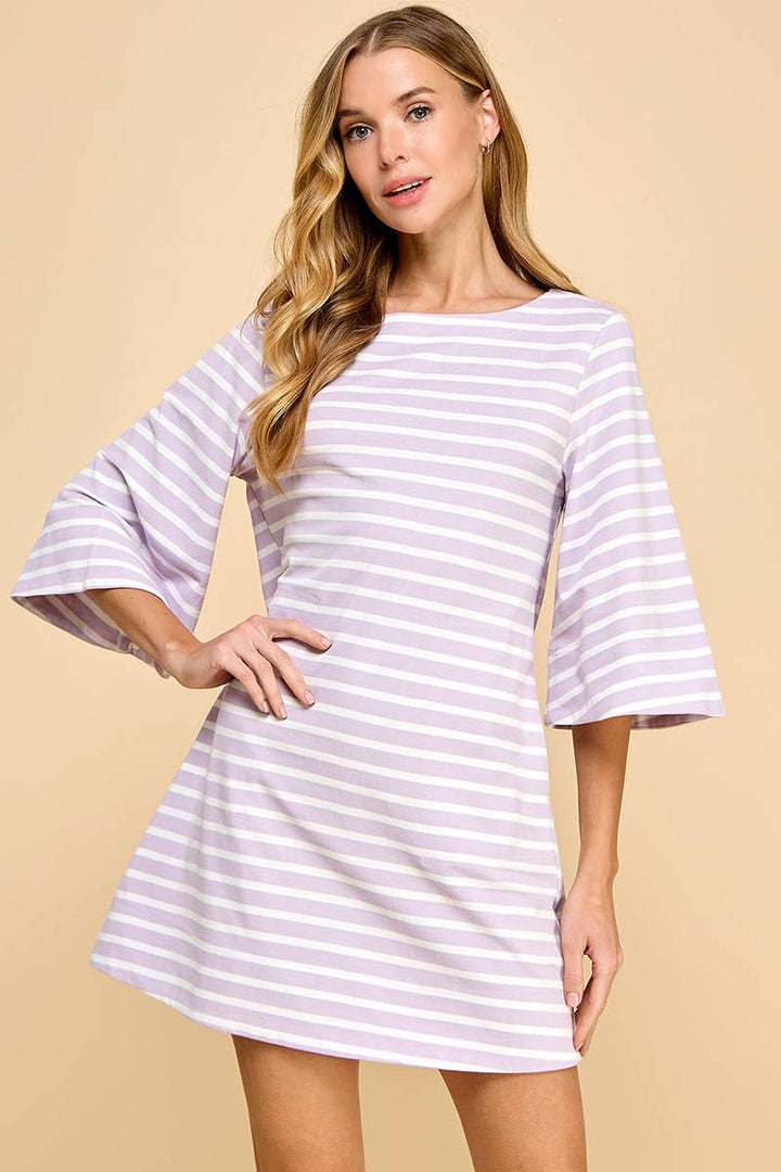 Striped Knit 3/4 Sleeves Dress