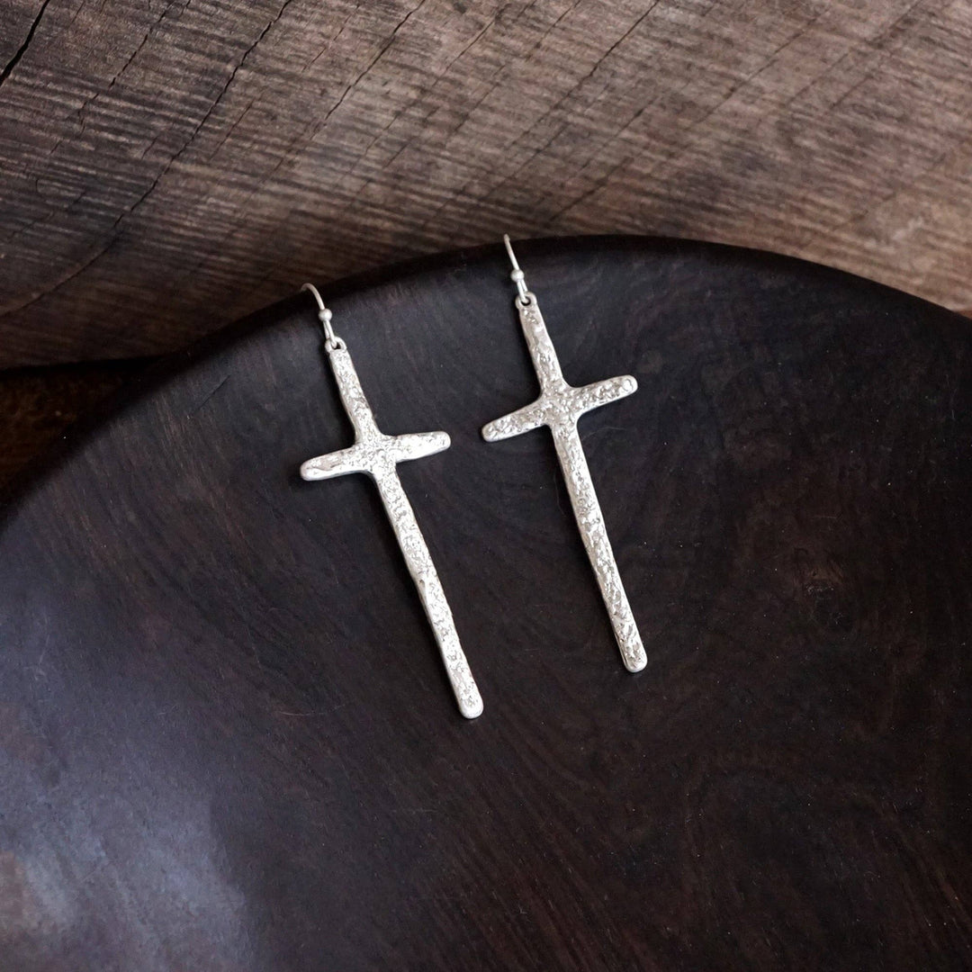 Primitive Cross Earrings Dangle Drop Silver