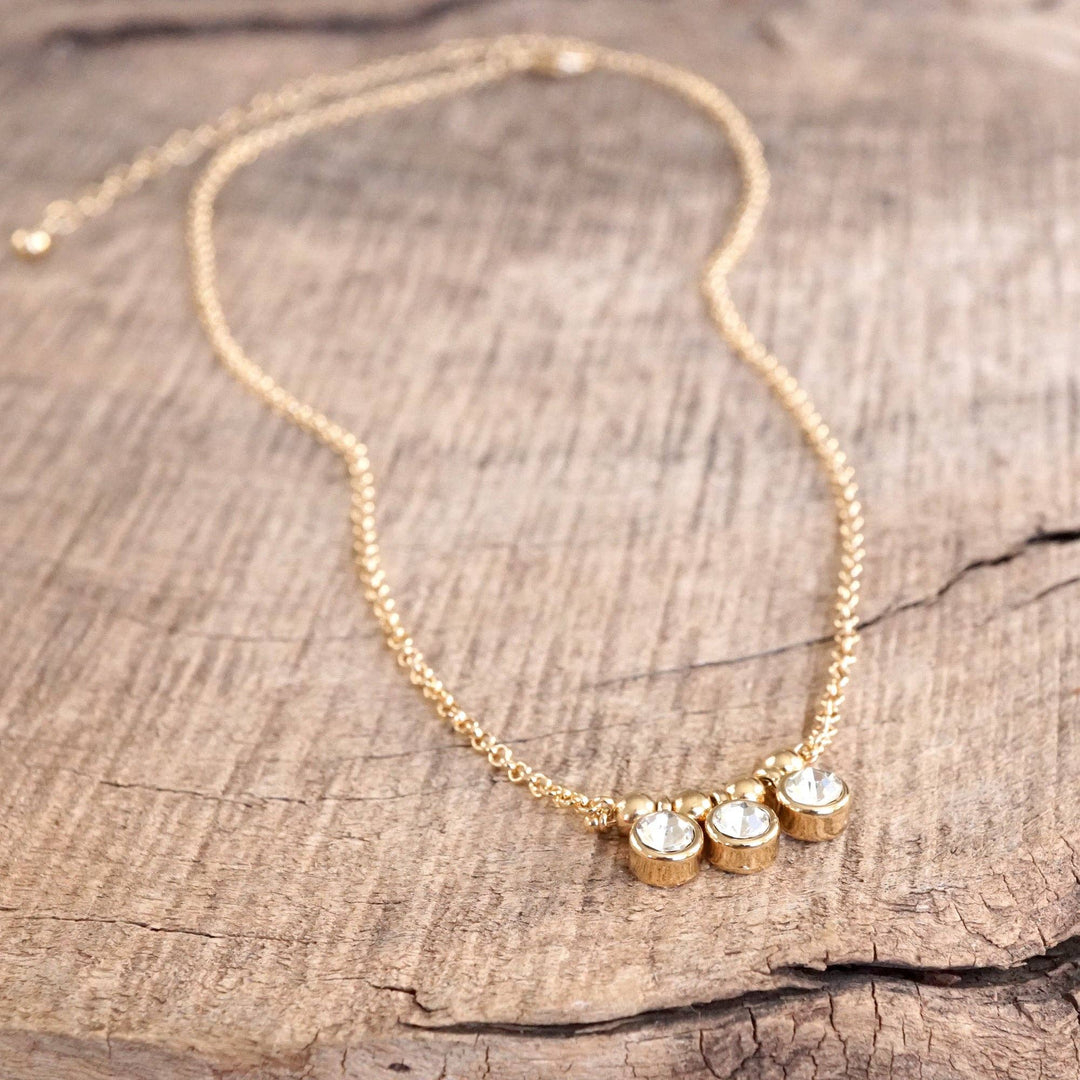 Dainty Crystal Bezel Necklace with Golden Ball Beads