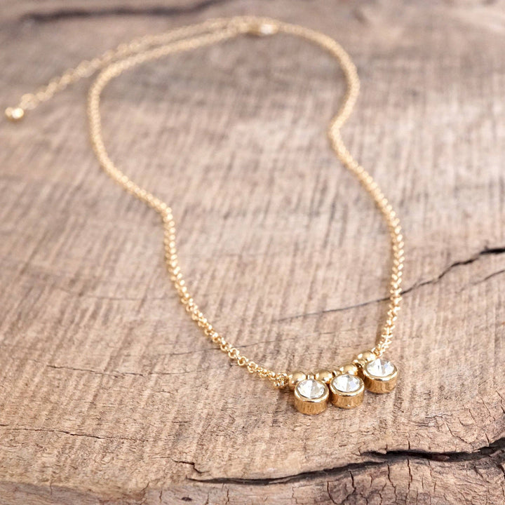 Dainty Crystal Bezel Necklace with Golden Ball Beads