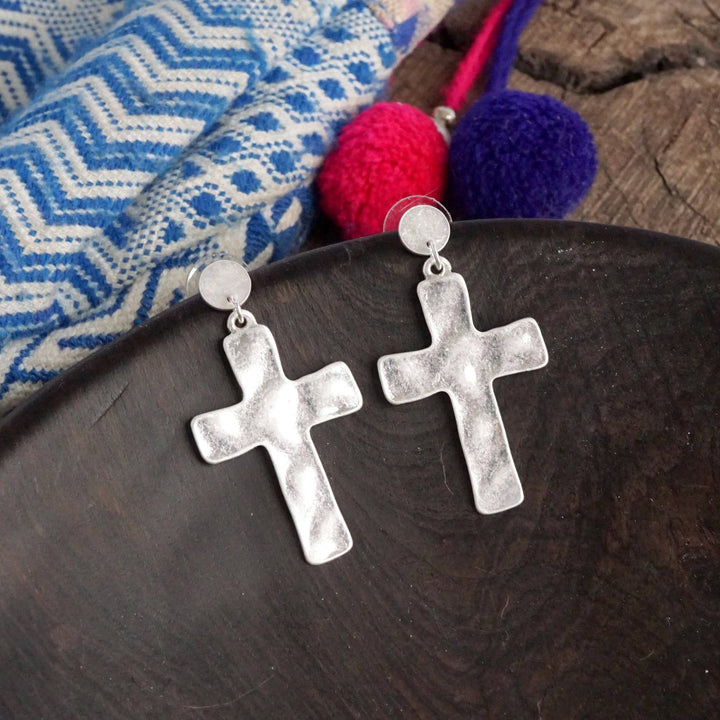 Cross Hammered Distressed Drop Earrings