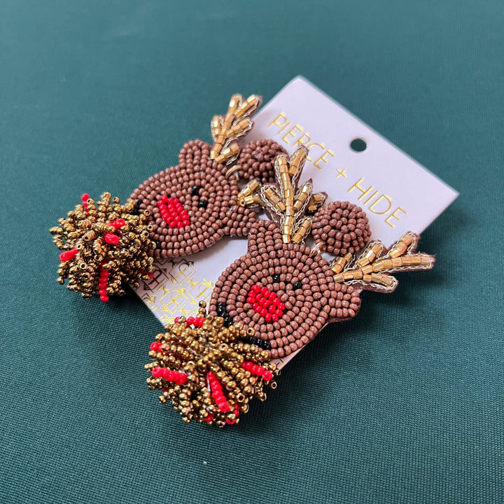 Rudolf Beaded Pom Earrings
