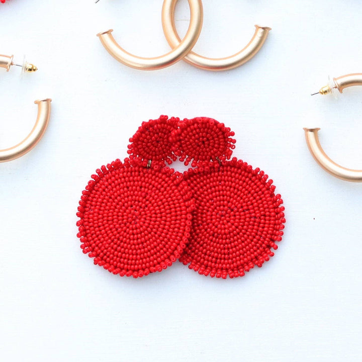 Red Beaded Disc Earrings