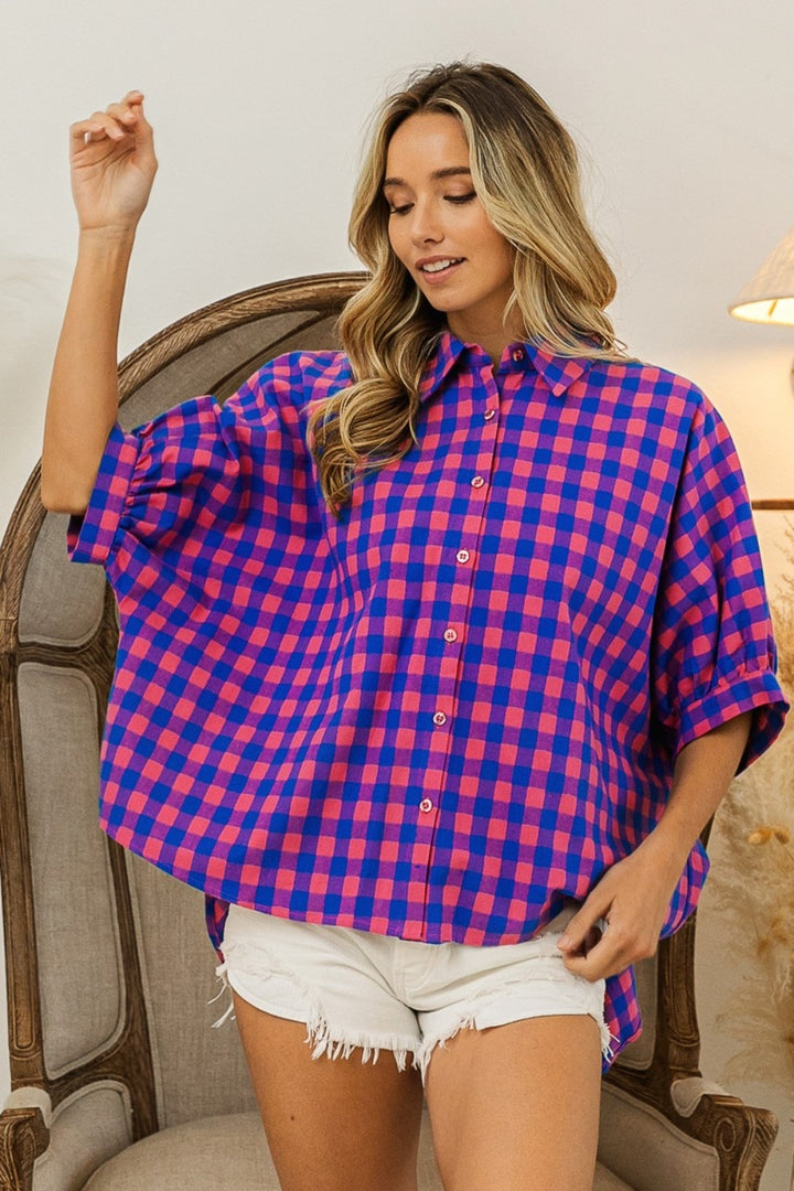 BiBi Plaid Button Up Dolman Sleeve Shirt (Online ONly)