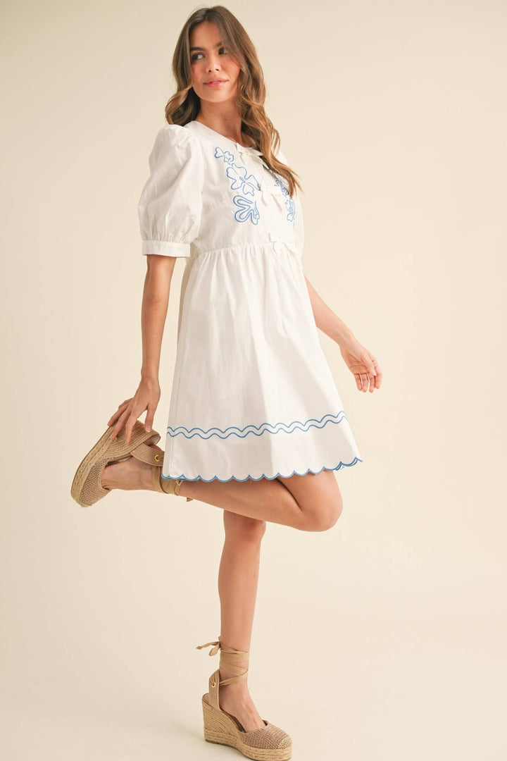 EMBROIDERY BOW MINI DRESS