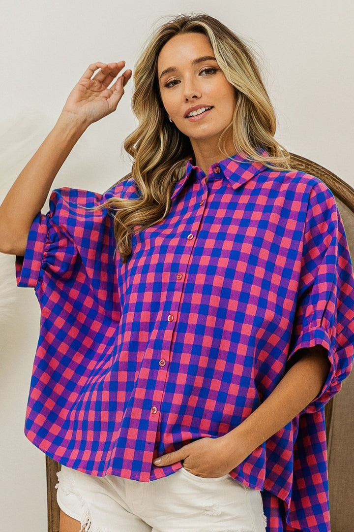 BiBi Plaid Button Up Dolman Sleeve Shirt (Online ONly)